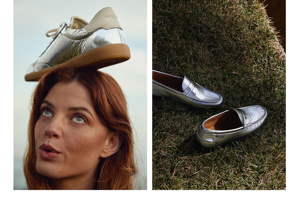 Collage of 2 images: female model with silver shoe on her head, silver loafers on the grass