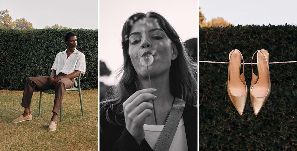 Collage of 3 images: male model sitting in the garden, female model blowing dandelion, heel shoes hanging on the string