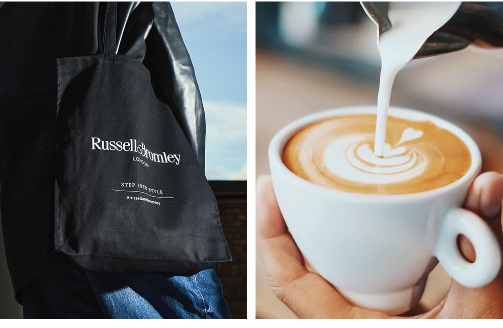 Russell and Bromley black tote bag and cup of coffee