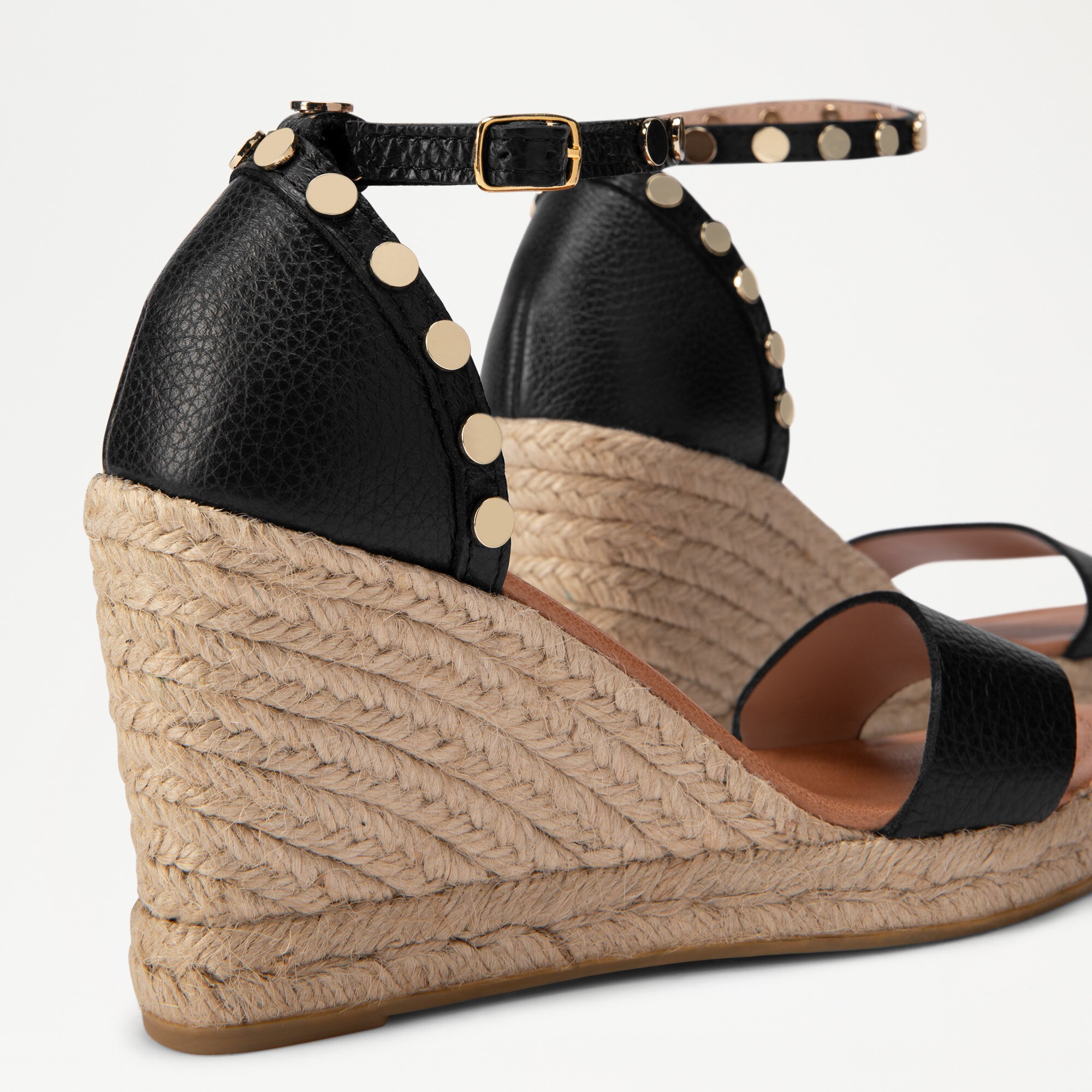 COIN SPIN Stud Wedge Espadrille in Black Calf | Russell & Bromley