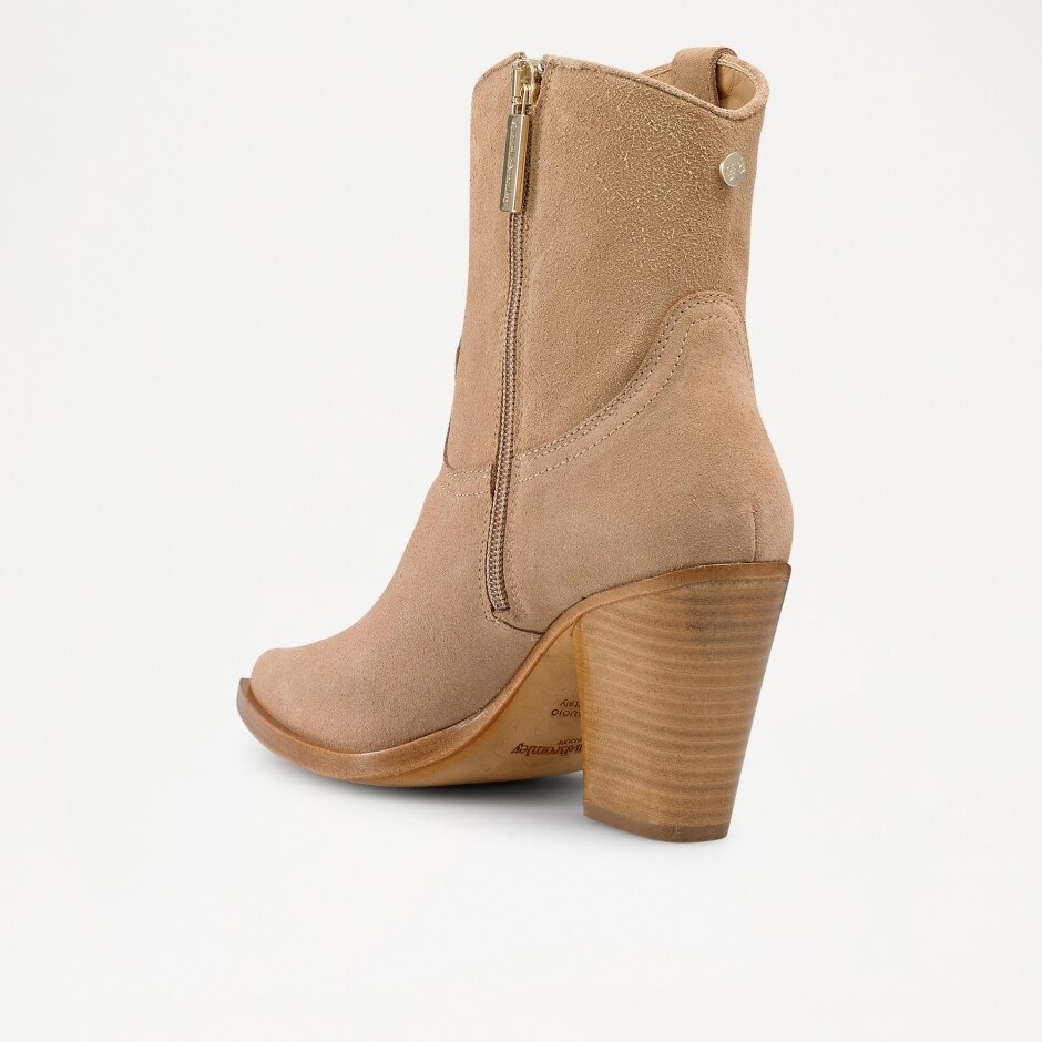 CASH Heeled Western Boot in Beige Suede | Russell & Bromley