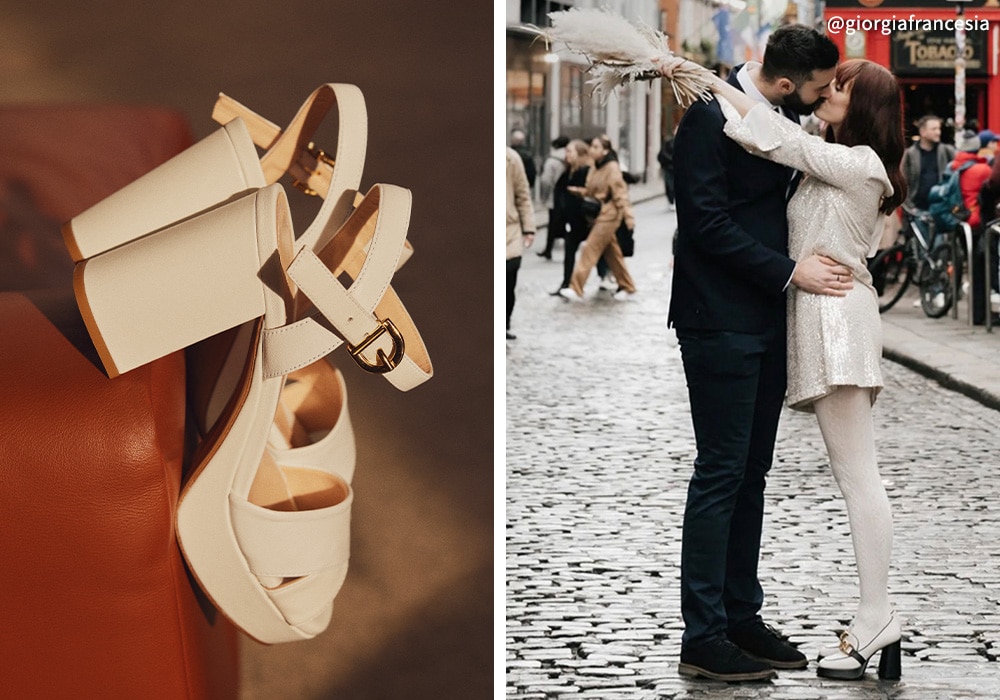 Split image with Russell and Bromley Topform classic platform sandals and a couple kissing on london street on the right